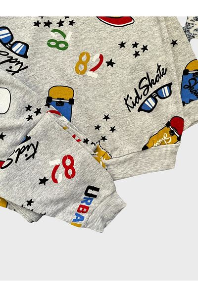 ALİŞ KİDS Boys' Cotton Gray Skateboard Star Hat Patterned Long Sleeve Seasonal Pajamas Set
