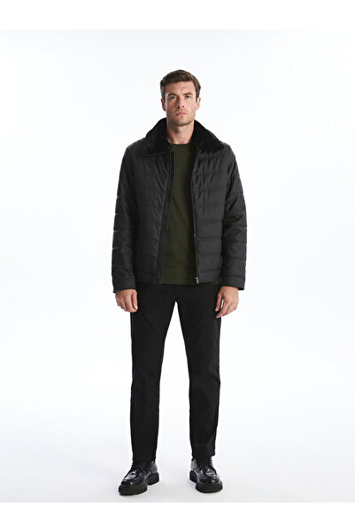 LC Waikiki Μαύρο ανδρικό δερμάτινο παλτό με γιακά πουκάμισου