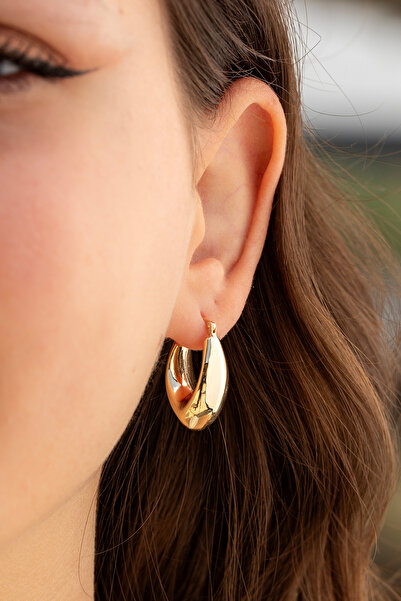 Cenova Jewelry 14 Ayar Altın Geometrik Oval Kadın Küpe