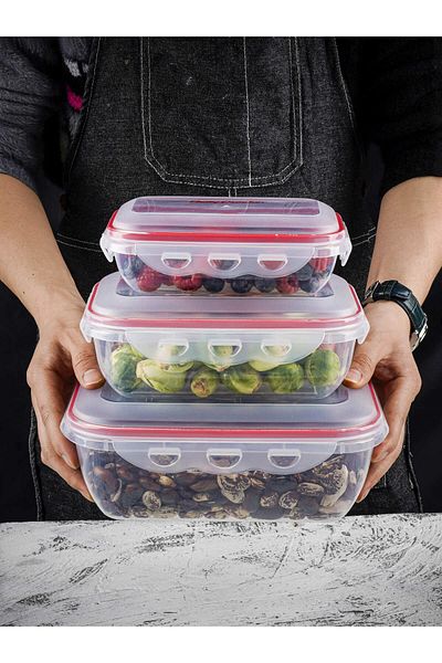BETTY CROCKER Rectangular Food Container Set Of 3 Pieces 580/1300/2500Ml Transparent and Red