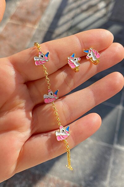 Erer Gümüş Gümüş unicorn çocuk küpe bileklik takım