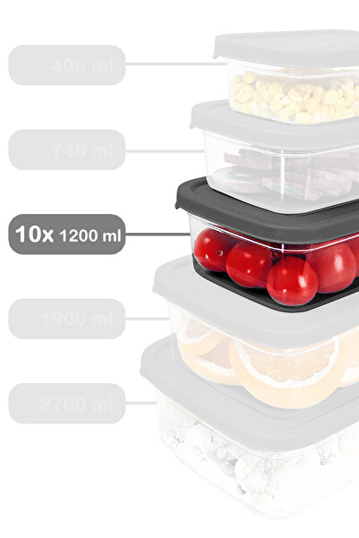 Meleni Home 1200ml Gray Microwavable Organizer Organizer - 10 Pcs Rectangular Food Storage Container