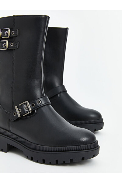 LC Waikiki Black Double Buckle Women's Leather Boots