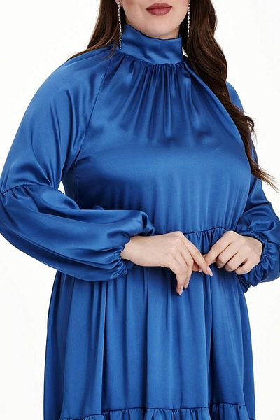 EVEN plus size فستان أزرق رفيع من الساتان بياقة واقفة مقاس كبير للنساء