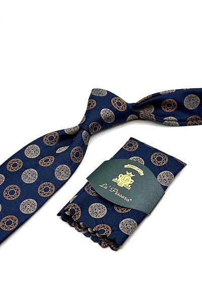 Kravatkolik Navy Blue Polka Dot Pattern Classic Tie with Handkerchief Kk12989