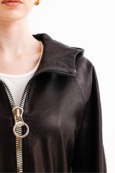 LİDYA DERİ Real Leather Hooded Leather Jacket