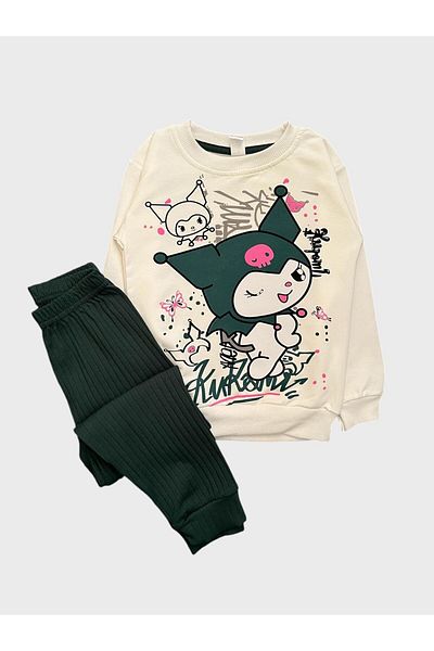 ALİŞ KİDS Girls' Cotton White Green Kuromi Character Patterned Long Sleeve Seasonal Pajamas Set