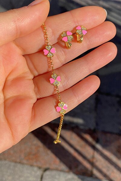 Erer Gümüş Gümüş pembe çocuk yonca küpe bileklik takım