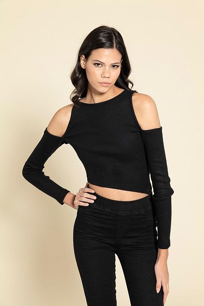 FOR YOU MODA Black Blouse with Asymmetrical Sleeves