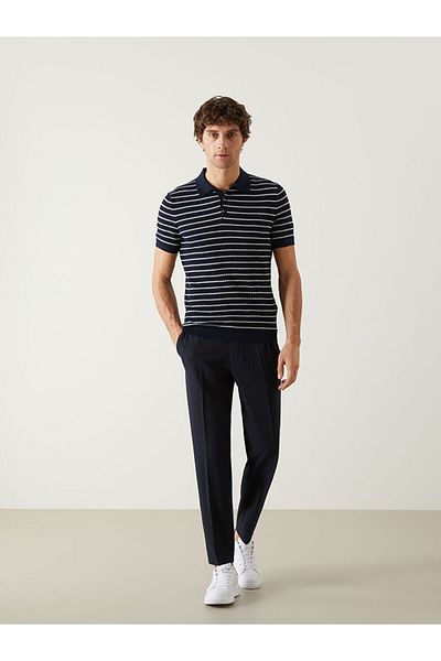 LC Waikiki Ανδρικό πλεκτό πουλόβερ LCW Vision Navy Blue Polo με κοντό μανίκι ριγέ