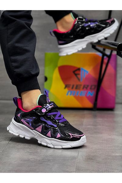 homiro Unisex Banded Faylon Sole Children's Sports Shoes-Black-Purple