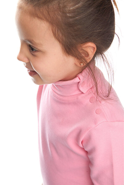 LOVETTI Pembe Basic Kız Çocuk Çıtçıtlı Tam Balıkçı Yaka Şardonlu Kışlık Uzun Kollu Tişört