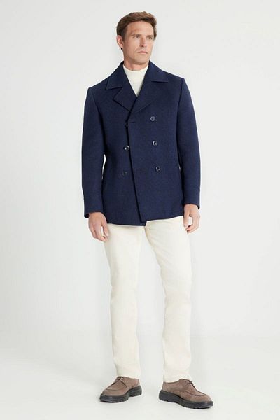 ALTINYILDIZ CLASSICS Standard Fit Regular Cut Mono Collar Checkered Side Pocket Navy Blue Coat with Thermometer