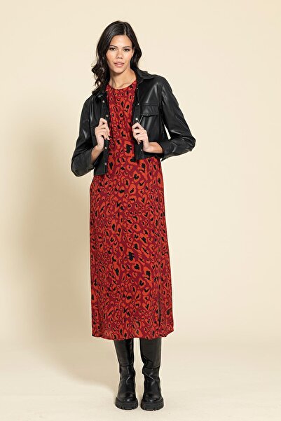 FOR YOU MODA Rochie roșie leopard cu mâneci adunate