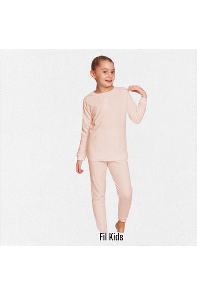 elmas kids Κοριτσίστικο 100% βαμβακερό χειμωνιάτικο ανοιχτό ροζ ύφασμα με κορδόνι με κουμπιά μακρυμάνικο Basic πιτζάμες