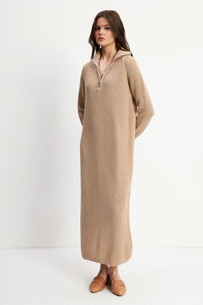 MB-MODA BİZİMLE Дамска бежова трикотажна рокля