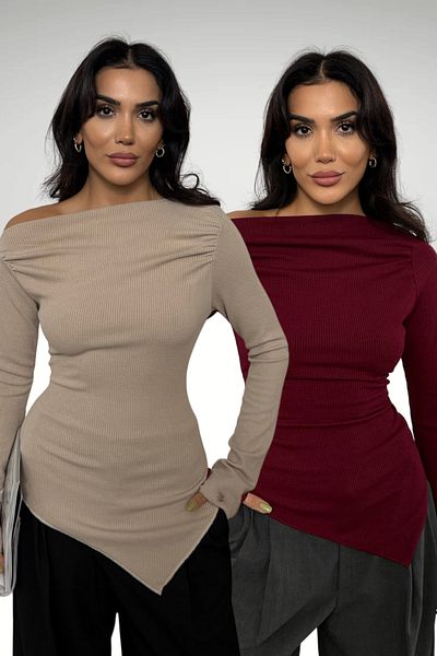 Bipantolon Bluză de damă, drapată, cu gât de barcă, tricotată asimetrică din lycra, roșu crem, 2 piese