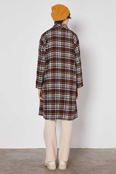 Vitrin Shawl Collar Plaid Pattern Long Jacket