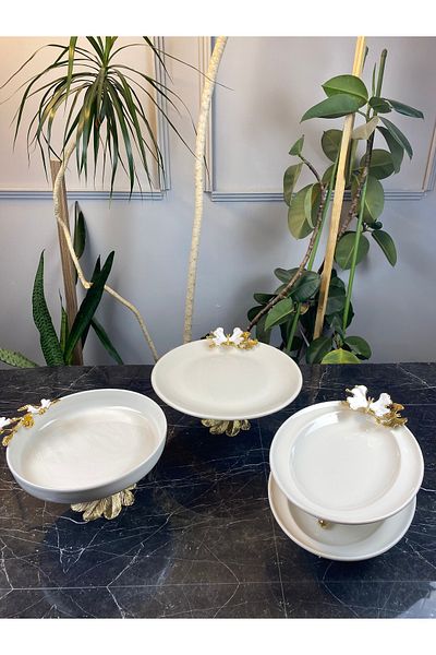MAY HOME White Butterfly Kand Footed Porcelain Bowl Plate Presentation Set & Metal Footed Salad Food Presentation