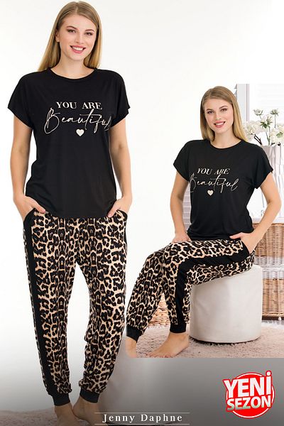Jenny Daphne Set pijamale din viscoză cu imprimeu leopard pentru damă - decolteu, mânecă scurtă, mărime obișnuită 12556