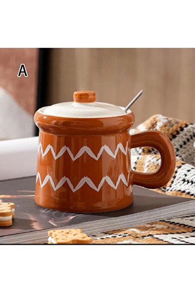 hediyeconcepti 380ml İskandinav Yaprak Sapı Seramik Kapaklı Kaşıklı Kupa Bardak