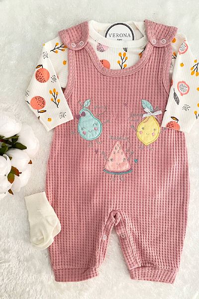 VERONA TARZ Baby Girl Fruit Embroidered 2-Piece Salopet Set Long Sleeve Snap Fastener Newborn Outfit