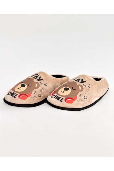Chirpy Zippo-k- Cream Men's House Slippers with Bear Figure