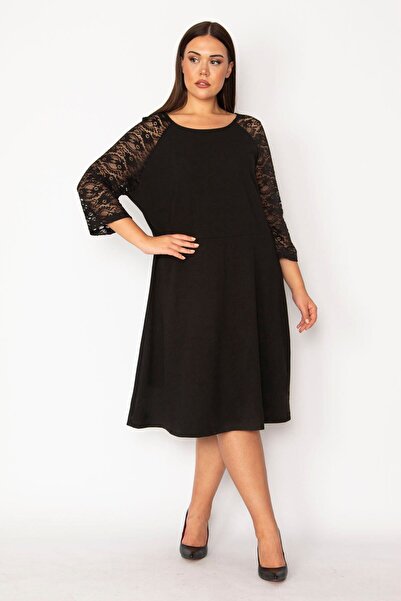 Şans Women's Plus Size Black Sleeves Lace Crepe Dress 65n29414