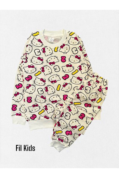 Fil Kids Girl's Hello Kitty Print Cream Color Raster 100% Cotton Long Sleeve Winter Pajamas Set