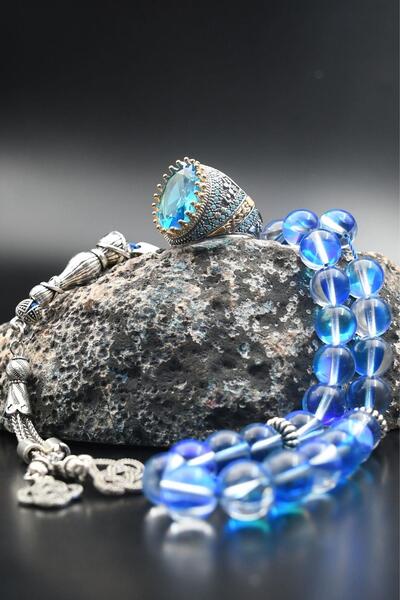 Prestige 925 Ayar Gümüş Aquamarine (AQUA MARİN) Taşlı Erkek Yüzüğü Ve 33'lük Doğal Termal Kuvars Taşlı Tesbih