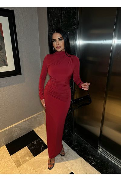 LB Laluna Butik Rochie lungă de damă cu detaliu încrețit pe umeri și talie