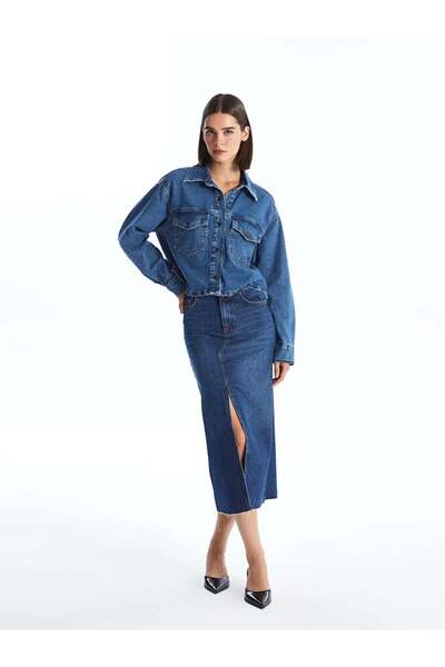 LC Waikiki LCW Vision İndigo Düz Uzun Kollu Crop Kadın Jean Gömlek Ceket