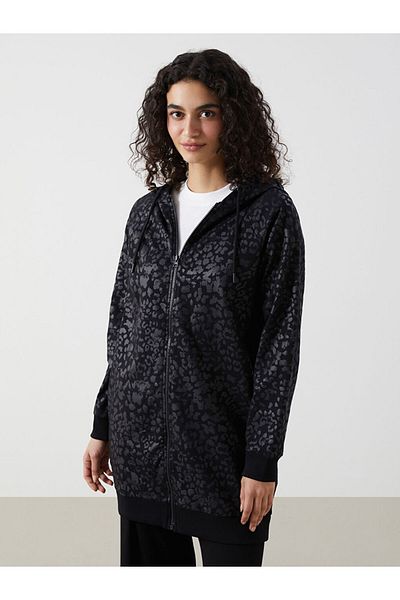 LC Waikiki Dámská mikina na zip s černým vzorem s kapucí LCW Modest