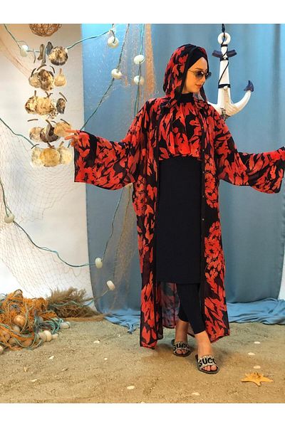 NS TASARIM MAYO Red Patterned Hooded Design Hijab Pareo