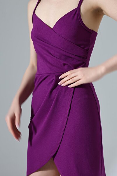 Deafox Plum Crepe Fabric Thin Strap Folded Dress