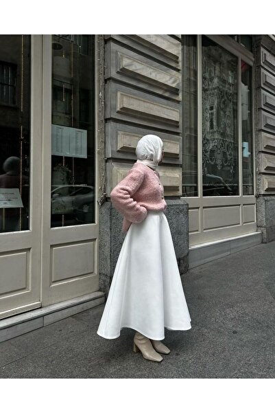 Yesui Kadın Puf Tesettür Giyim Beli Lastikli Beyaz Scuba Kloş Etek