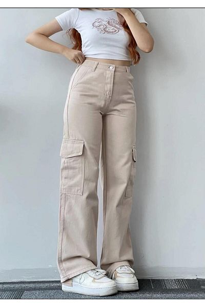 LAMİRAMOOD Pantaloni de damă, bej, CARGO, cu talie înaltă, cu picioare largi, blugi Palazzo