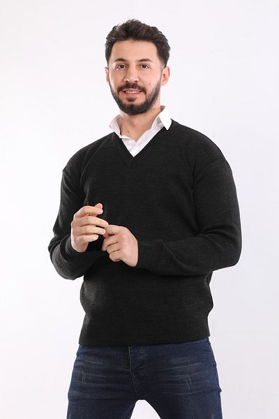 HEDEFNUR TEKSTİL Ανδρικό πλεκτό πουλόβερ με λαιμόκοψη V μονόχρωμο ακρυλικό πουλόβερ μεσαίας ηλικίας