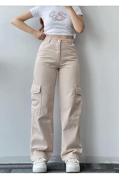 LAMİRAMOOD Pantaloni de damă, bej, CARGO, cu talie înaltă, cu picioare largi, blugi Palazzo