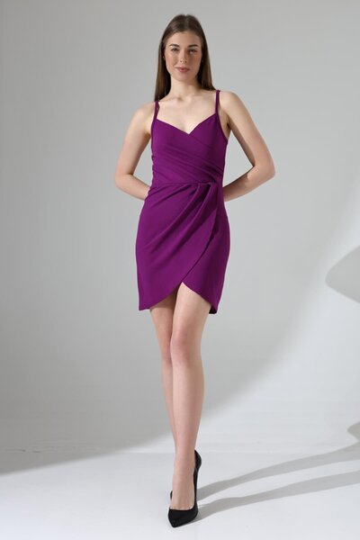 Deafox Plum Crepe Fabric Thin Strap Folded Dress