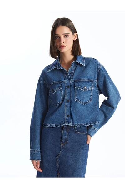 LC Waikiki LCW Vision İndigo Düz Uzun Kollu Crop Kadın Jean Gömlek Ceket
