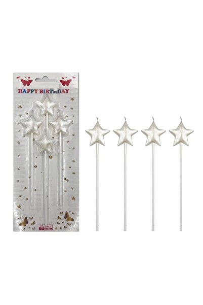 asöy 4'lü Beyaz Parlak  Yıldız Mum Beyaz Parlak Doğum Günü Mumu 14 Cm