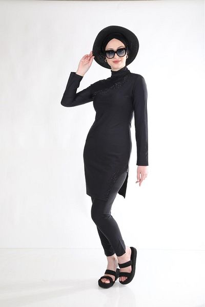 ns tasa Black Design Hijab Swimsuit Set with Black Stones