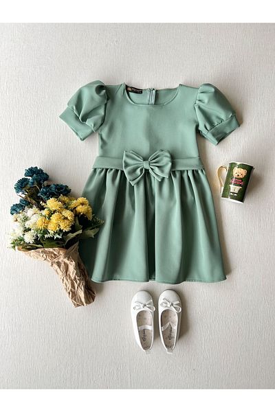 KÜÇÜĞÜM BUTİK Rochie creponată pentru fete cu mâneci pepene verde Çağla