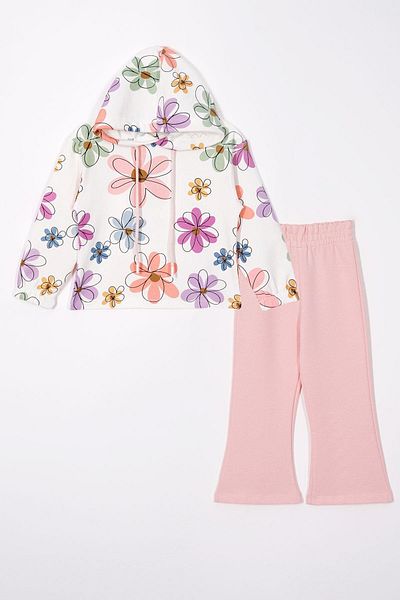 zepkids Flower Printed Hooded Spanish Leg Light Powder Color Girls' Pants Set