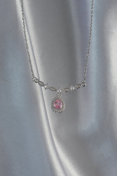 Skygo 316L Steel Silver Color Pink Zircon Stone Drop Necklace - Tj-Bko8919