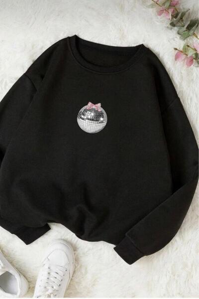 stg spor toptan giyim Hanorac negru pentru femei cu imprimeu Disco Ball cu gât crew