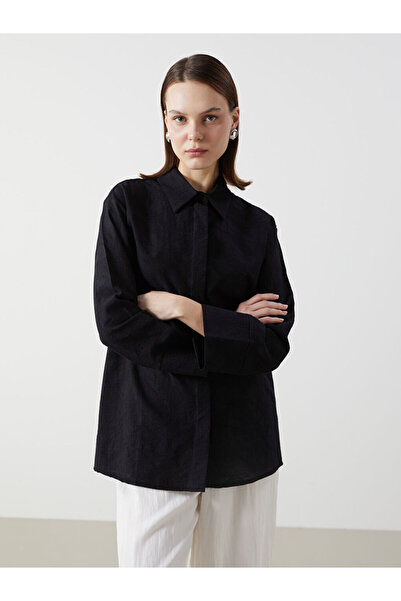 LC Waikiki Μαύρο γυναικείο πουκάμισο τουνίκ Dobby oversized