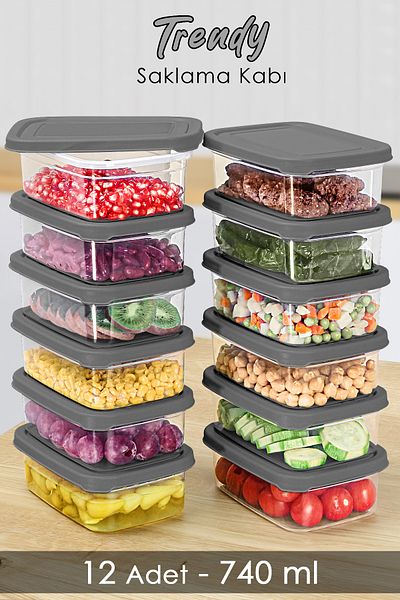 Meleni Home 12 Pieces Gray Rectangular Food Storage Container - 740ml Microwavable Organizer