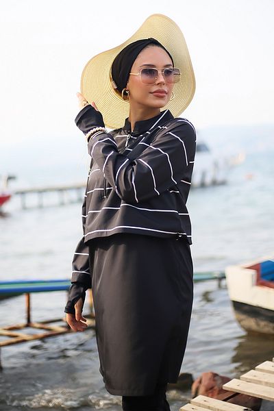 Minel Γυναικείο μαγιό Hijab με στάμπα μαύρου Minel - Κοντό Σετ 2 K-054